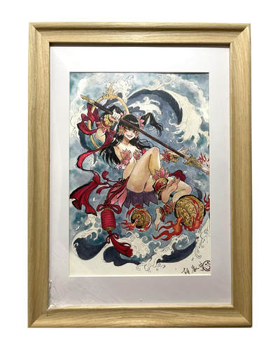 白泽拍卖卡牌手绘专场第8期（露深花气冷，霜降蟹膏肥） - 2024 胡家宁手绘画 哪吒闹海 已装裱 画芯21cm*29cm