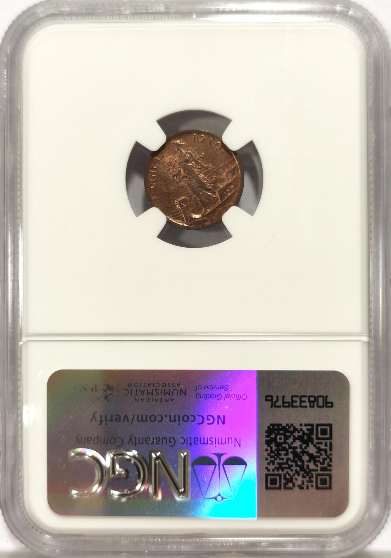 博洋堂世界钱币拍卖第096期（全场包邮） NGC MS63RB 意大利1910年1分铜币