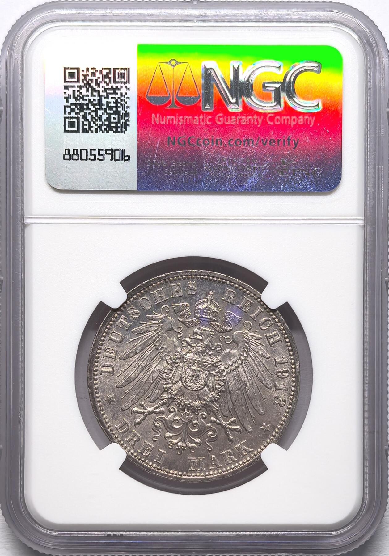 凡希社世界钱币微拍第二百八十六期 1913德国萨克森3马克纪念银币NGC-MS62
