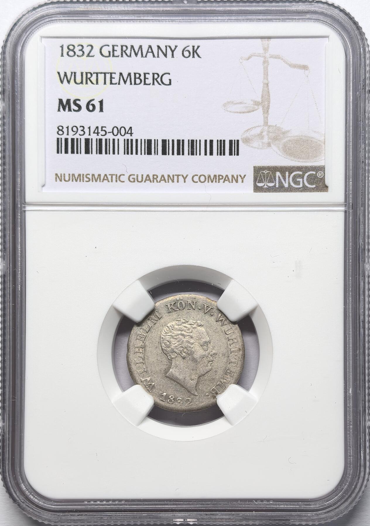 凡希社世界钱币微拍第二百八十六期 1832德国符腾堡6K银币NGC-MS61
