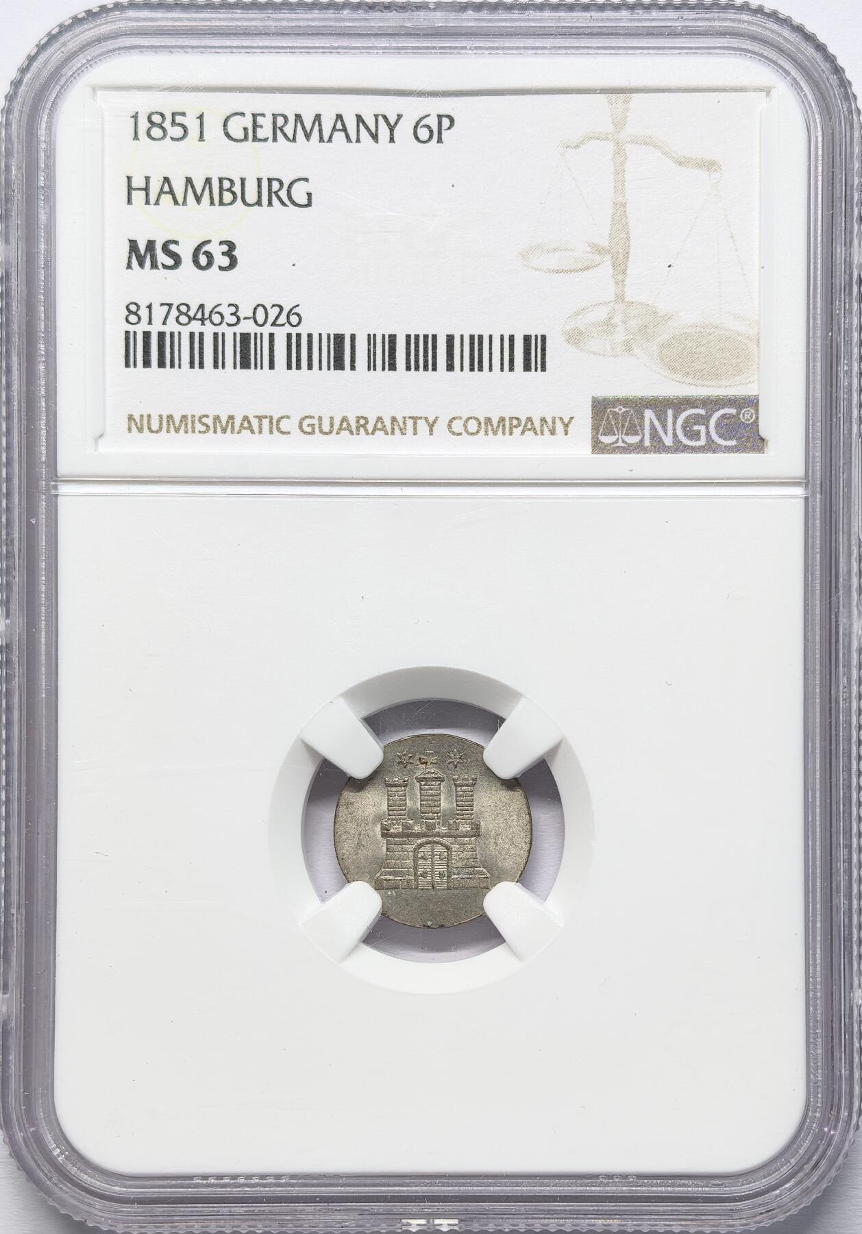 凡希社世界钱币微拍第二百八十六期 1851德国汉堡自由市6芬尼银币NGC-MS63