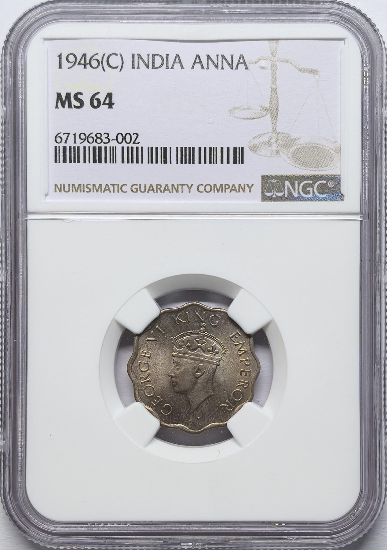 凡希社世界钱币微拍第二百八十六期 1946英属印度乔六1安那NGC-MS64