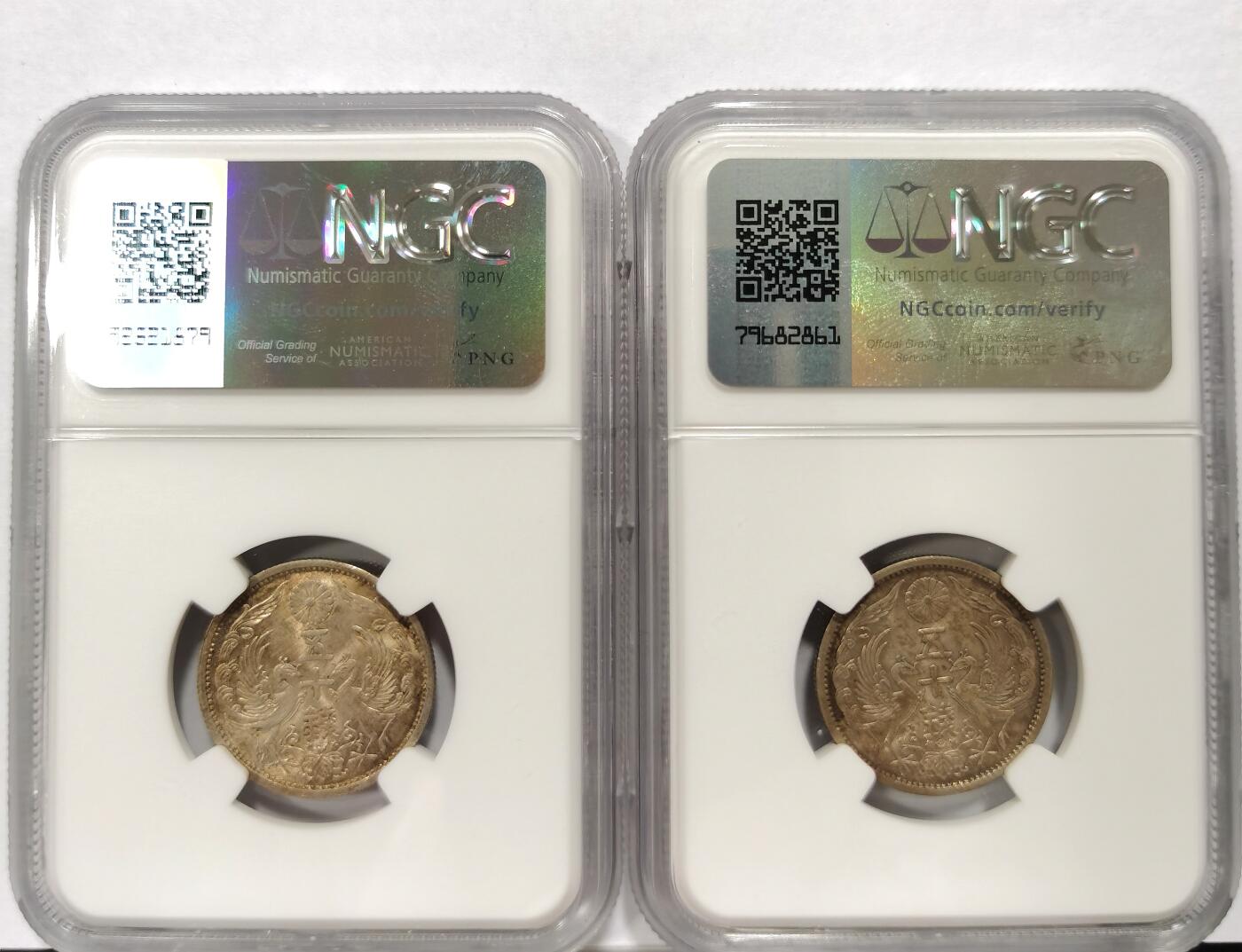 博洋堂世界钱币拍卖第096期（全场包邮） NGC MS62 日本昭和五年、九年龙凤五十钱银币2枚一对