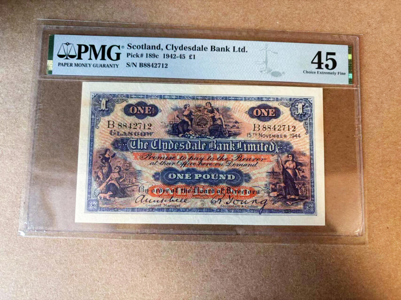 【Blue Auction】✨世界纸币精拍第563期【精】 苏格兰 1942-45年1镑 PMG45