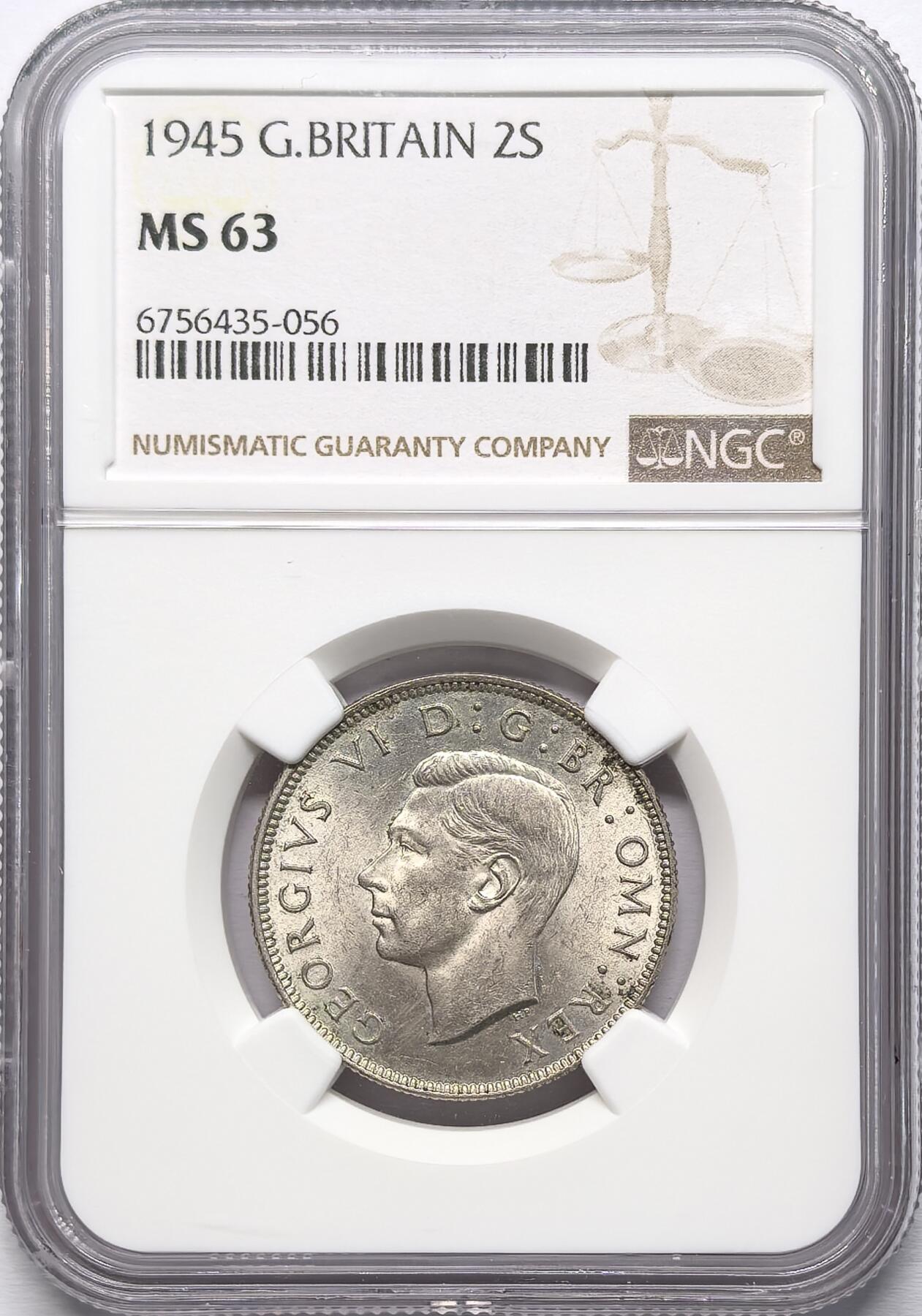 凡希社世界钱币微拍第二百八十六期 1945英国乔六2先令银币NGC-MS63