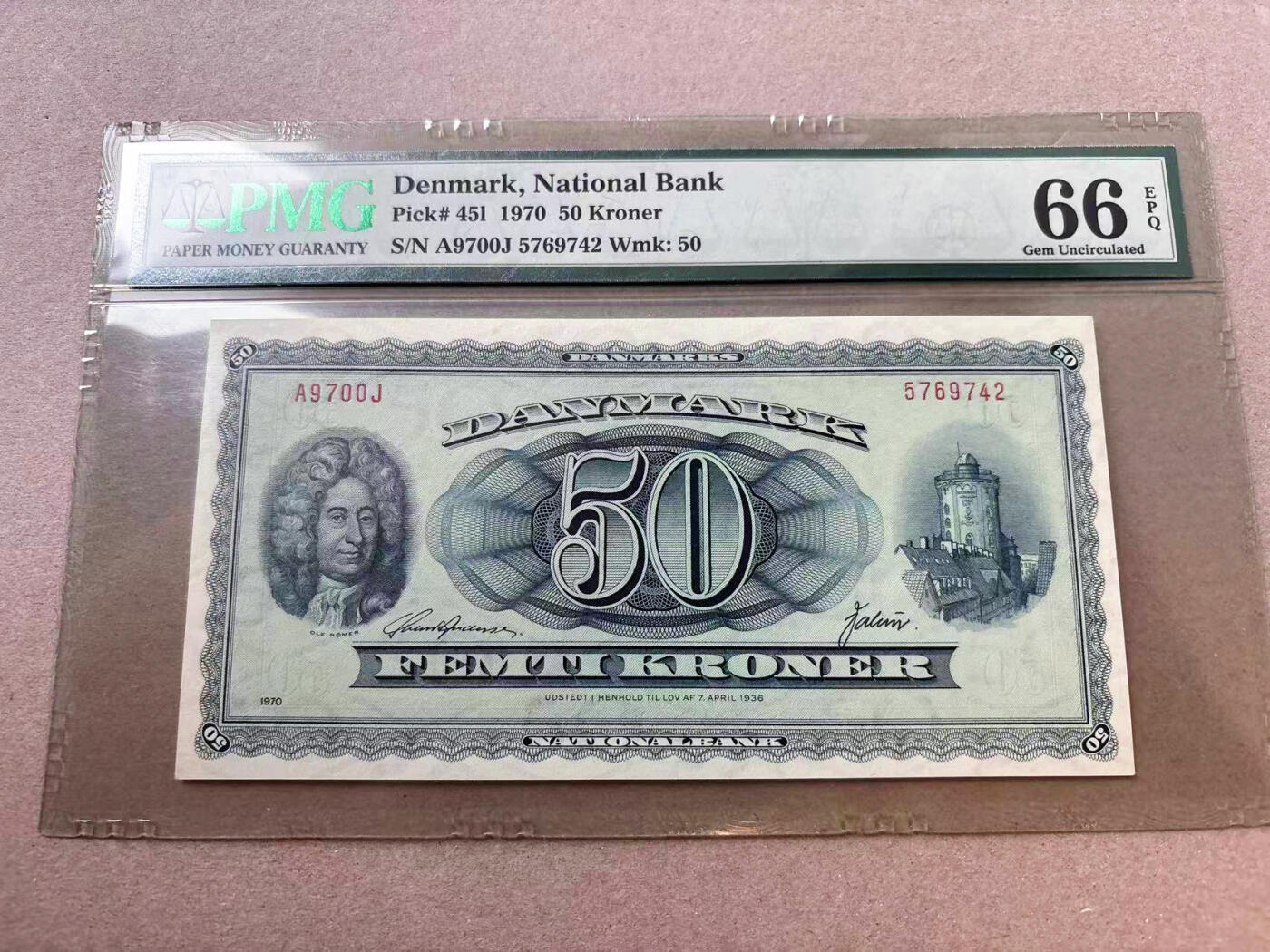 【Blue Auction】✨世界纸币精拍第563期【精】 【p45I】丹麦 1970年50克朗  PMG66EPQ 