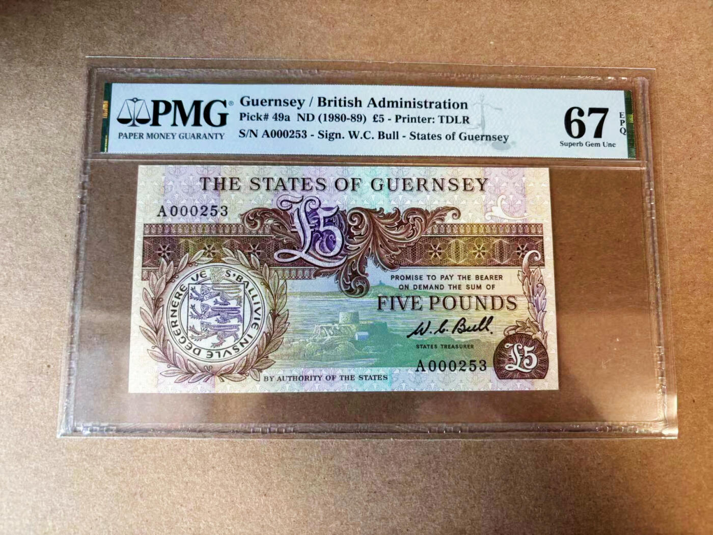 【Blue Auction】✨世界纸币精拍第563期【精】 【A冠253小号】根西 1980-89年5镑  PMG67EPQ 高分
