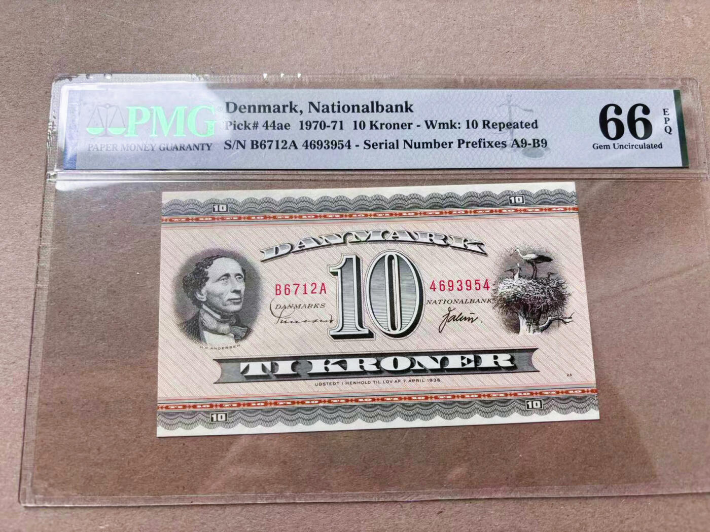 【Blue Auction】✨世界纸币精拍第563期【精】 【p44ae】丹麦 1970-71年10克朗 安徒生 PMG66EPQ 