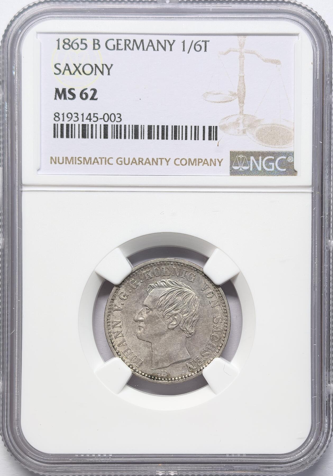 凡希社世界钱币微拍第二百八十六期 1865德国萨克斯1/6泰勒银币NGC-MS62