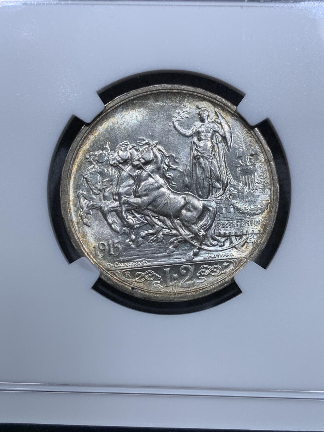 《竞宝斋》第319场 周日，周一，周二  3场连拍 （全场包邮） NGC MS64 意大利1915年马车2里拉 经典品种 漂亮设计 小环彩 币面强光