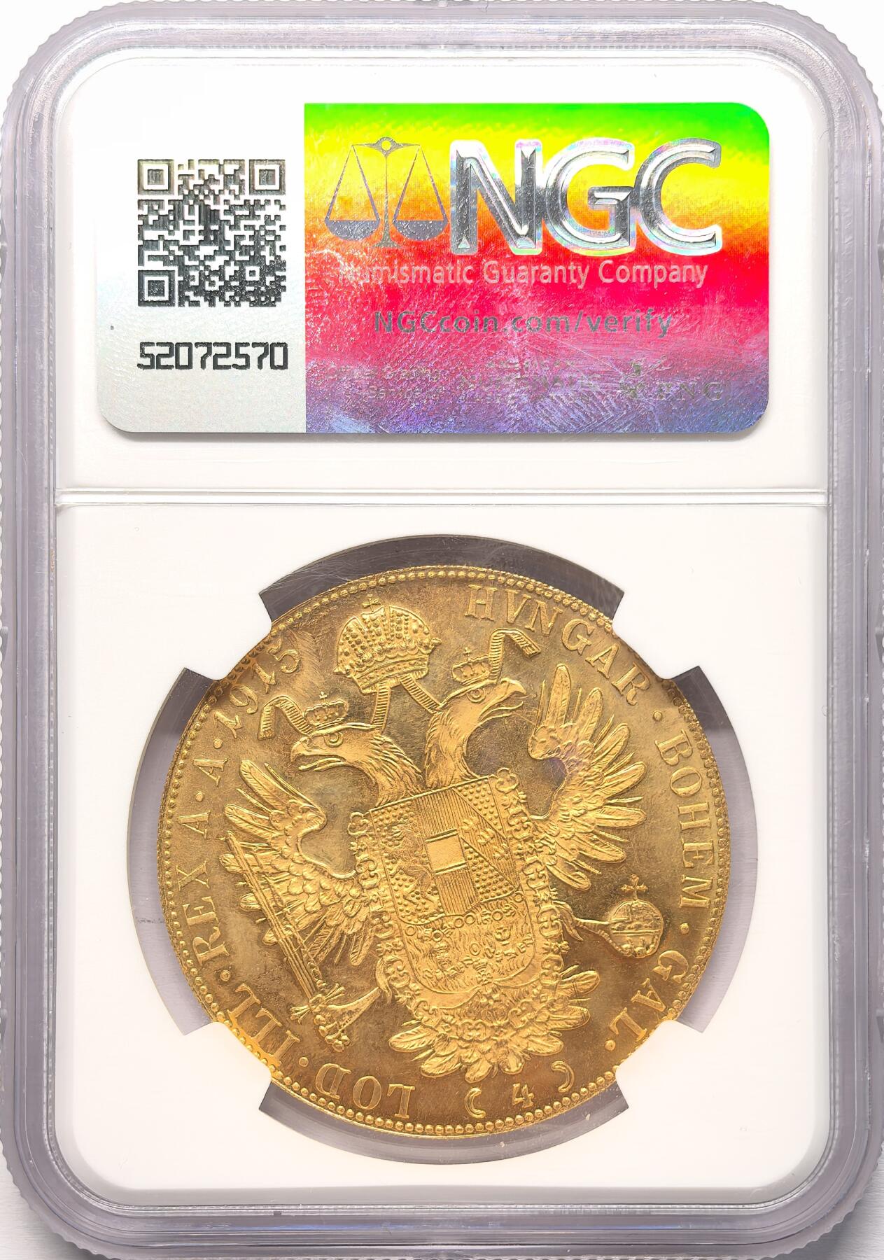 凡希社世界钱币微拍第二百八十六期 1915奥地利4杜卡特贸易金币NGC-MS67，实际铸造于1920-1936年间，主要用于对外贸易和银行储备金，13.96g，986金。