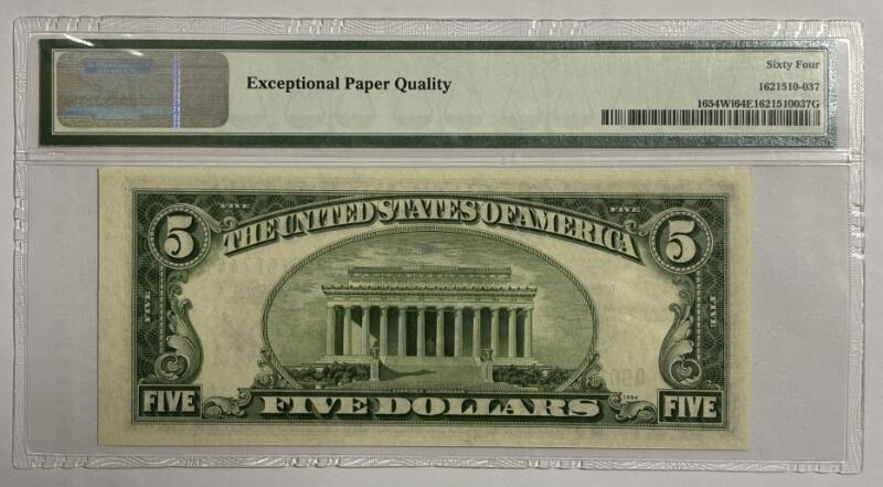 《外钞收藏家》第四百二十八期 1934D版 5美元 银币券 Silver Certificate（稀少Wide I 版本）PMG老壳严格评级 64EPQ