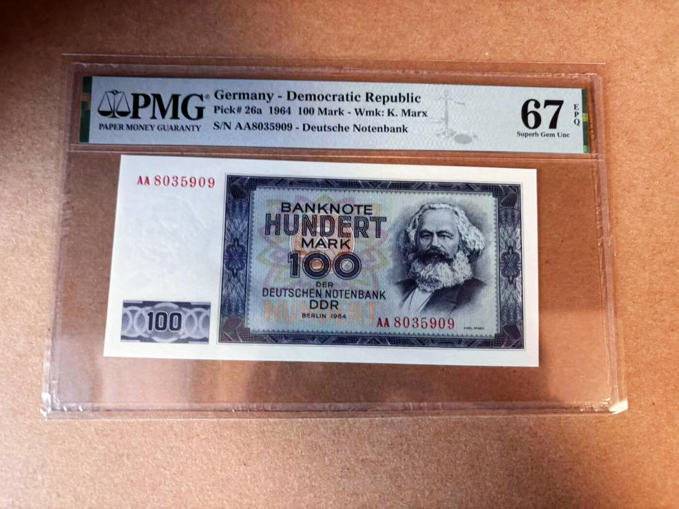 【Blue Auction】✨世界纸币精拍第563期【精】 【AA无47】德国 1964年100马克 马克思  PMG67EPQ 高分