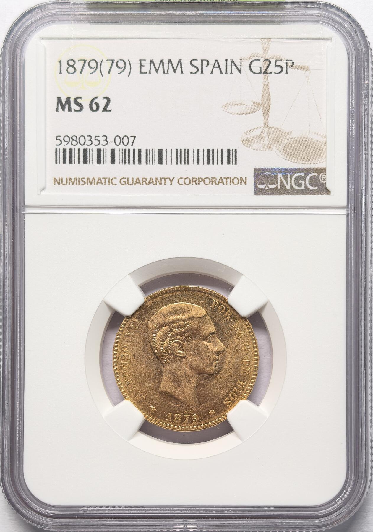 凡希社世界钱币微拍第二百八十六期 1879西班牙阿丰索十二世25比塞塔金币原铸NGC-MS62，8.064g，900金。