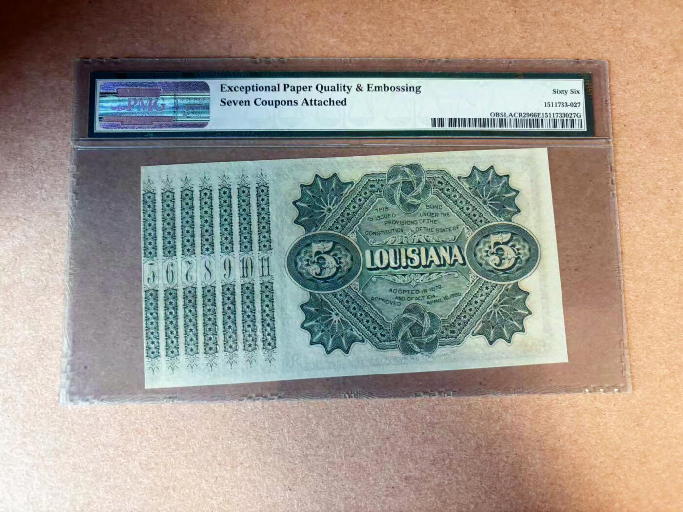 【Blue Auction】✨世界纸币精拍第563期【精】 【无47 背标Embossing】美国 路易斯安那州 1870年代5美金 baby bond PMG66EPQ 