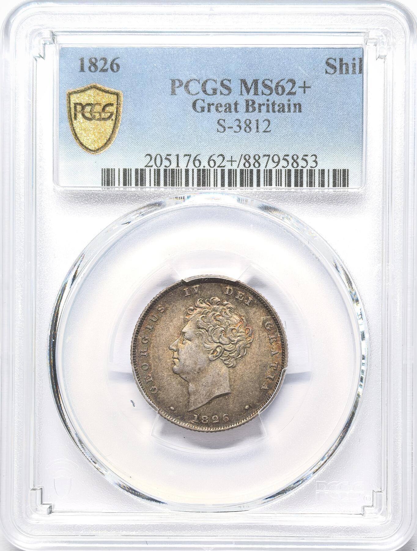 凡希社世界钱币微拍第二百八十六期 1826英国乔四先令PCGS-MS62+，纸袋形成的五彩，养眼美物！