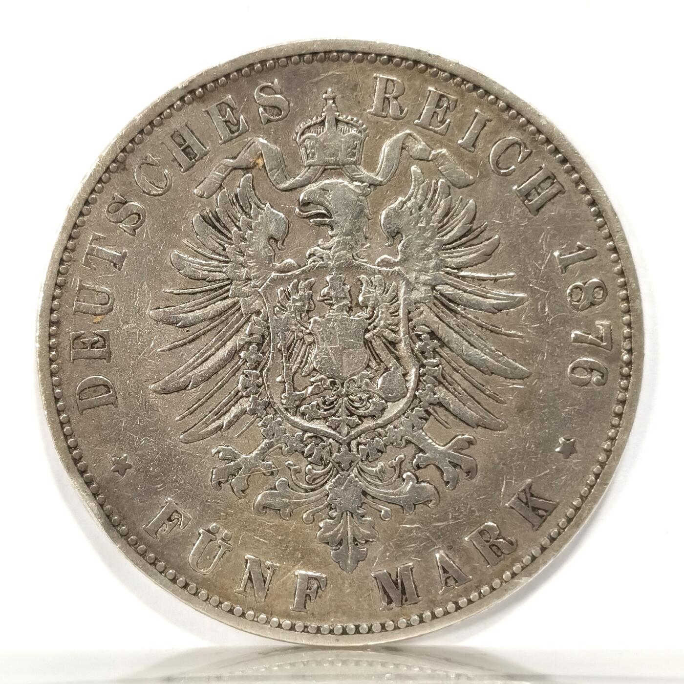 博洋堂世界钱币拍卖第096期（全场包邮） 1876年德国黑森5马克路德维希三世 原味包浆鹰面还有光 共发行两个年份 仅29w流通量 克书价高