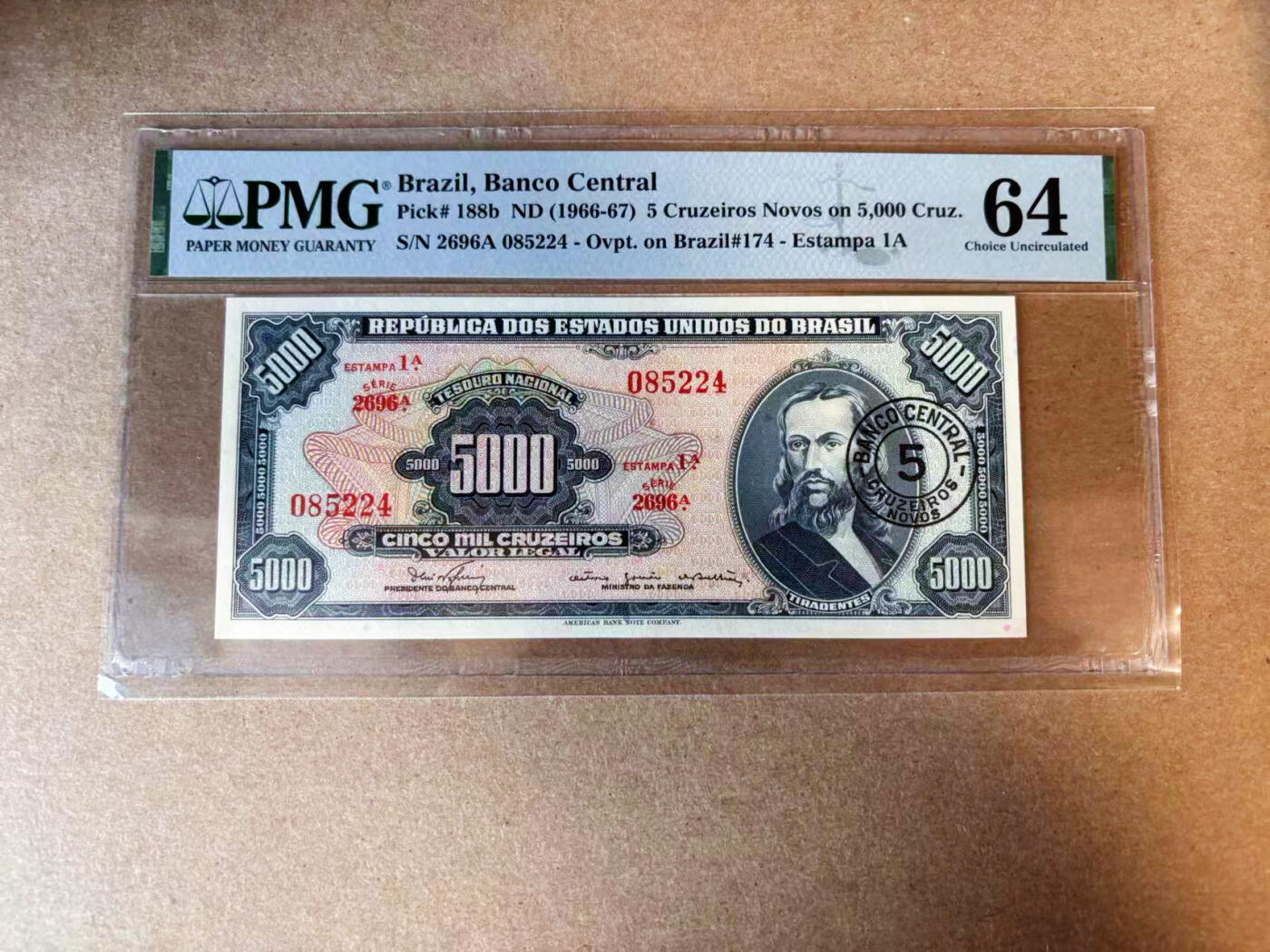 【Blue Auction】✨世界纸币精拍第563期【精】 巴西 1966-67年5克鲁塞罗加盖 PMG64 