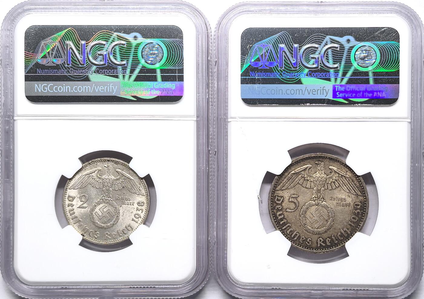 凡希社世界钱币微拍第二百八十六期 1938/39德国兴登堡2/5马克一对NGC-MS63