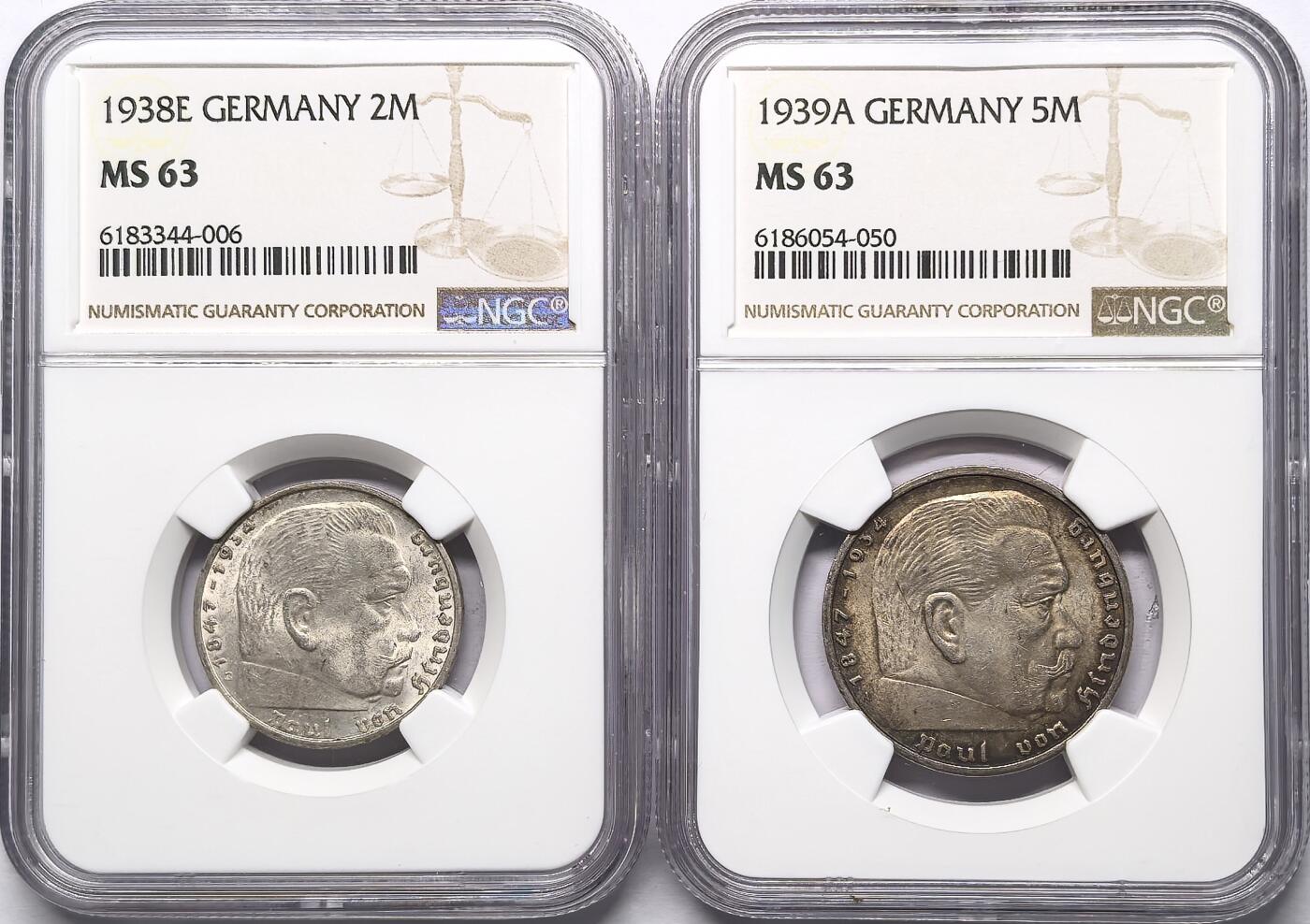 凡希社世界钱币微拍第二百八十六期 1938/39德国兴登堡2/5马克一对NGC-MS63
