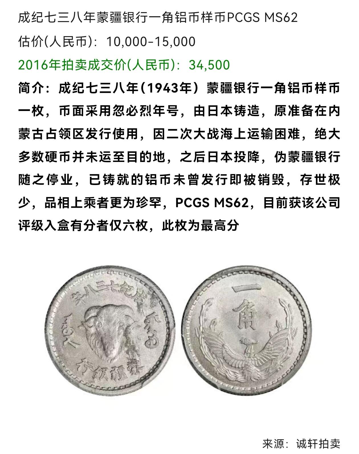 凡希社世界钱币微拍第二百八十六期 荐！1943伪蒙疆银行成纪738年羊头一角铝币PCGS-MS63，珍稀，光彩夺目，表面状态一流，日伪专题的难点，简介见图五。