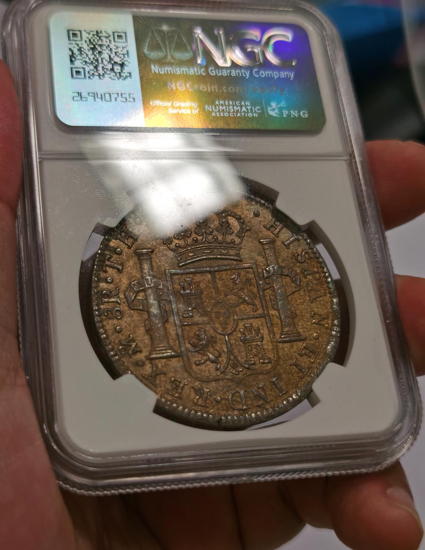 博洋堂世界钱币拍卖第096期（全场包邮） NGC AU 西属墨西哥1804年MO TH卡洛斯四世双柱银币，五彩底板极具魅力