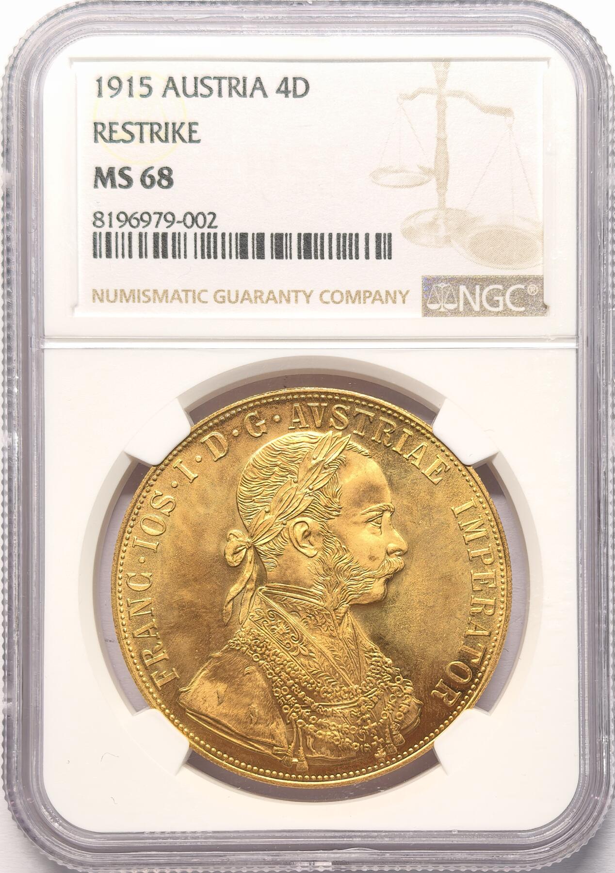 凡希社世界钱币微拍第二百八十六期 1915奥地利4杜卡特贸易金币NGC-MS68，实际铸造于1920-1936年间，主要用于对外贸易和银行储备金，13.96g，986金。