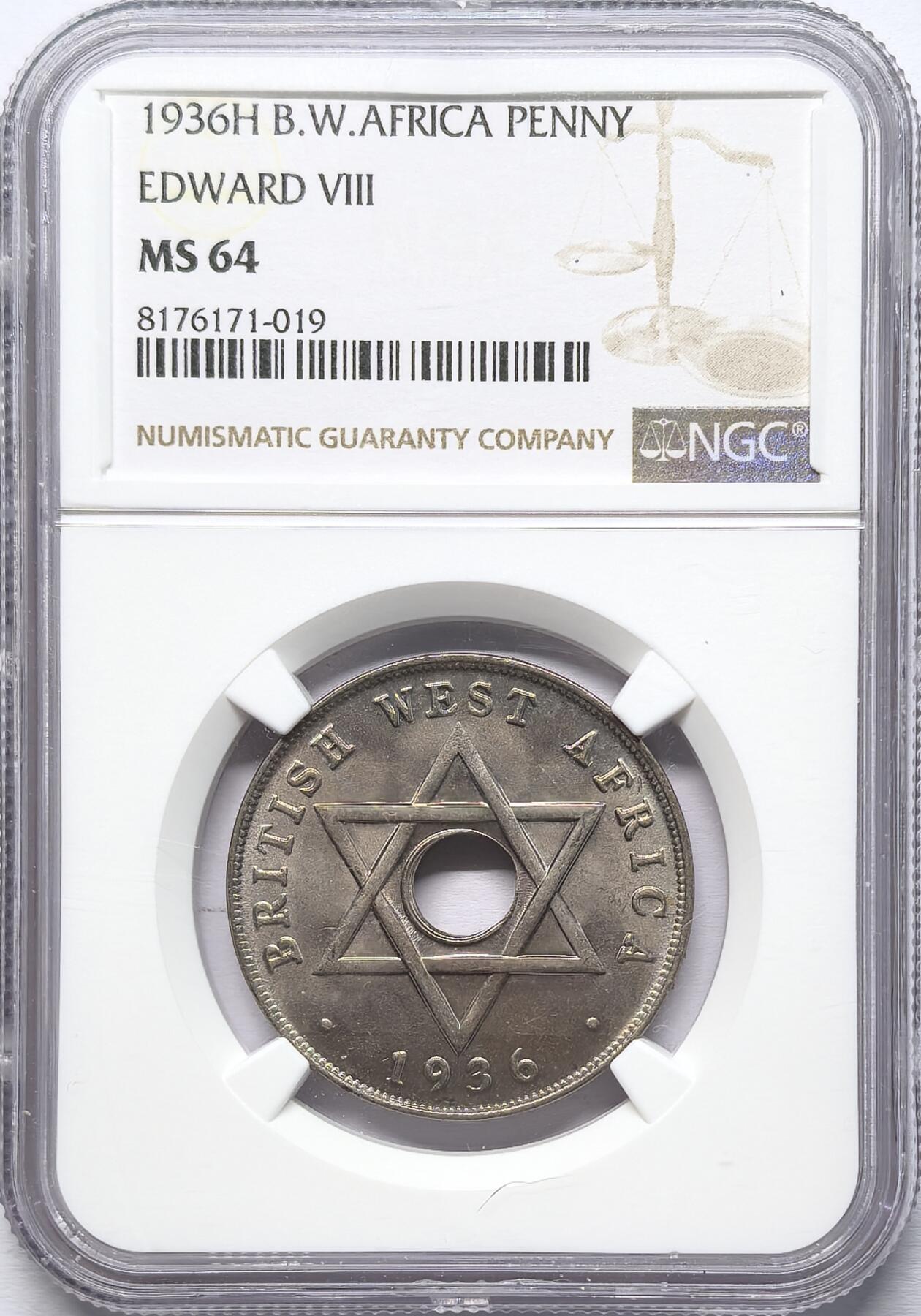 凡希社世界钱币微拍第二百八十六期 1936H英属西非爱德华八世中孔便士NGC-MS64