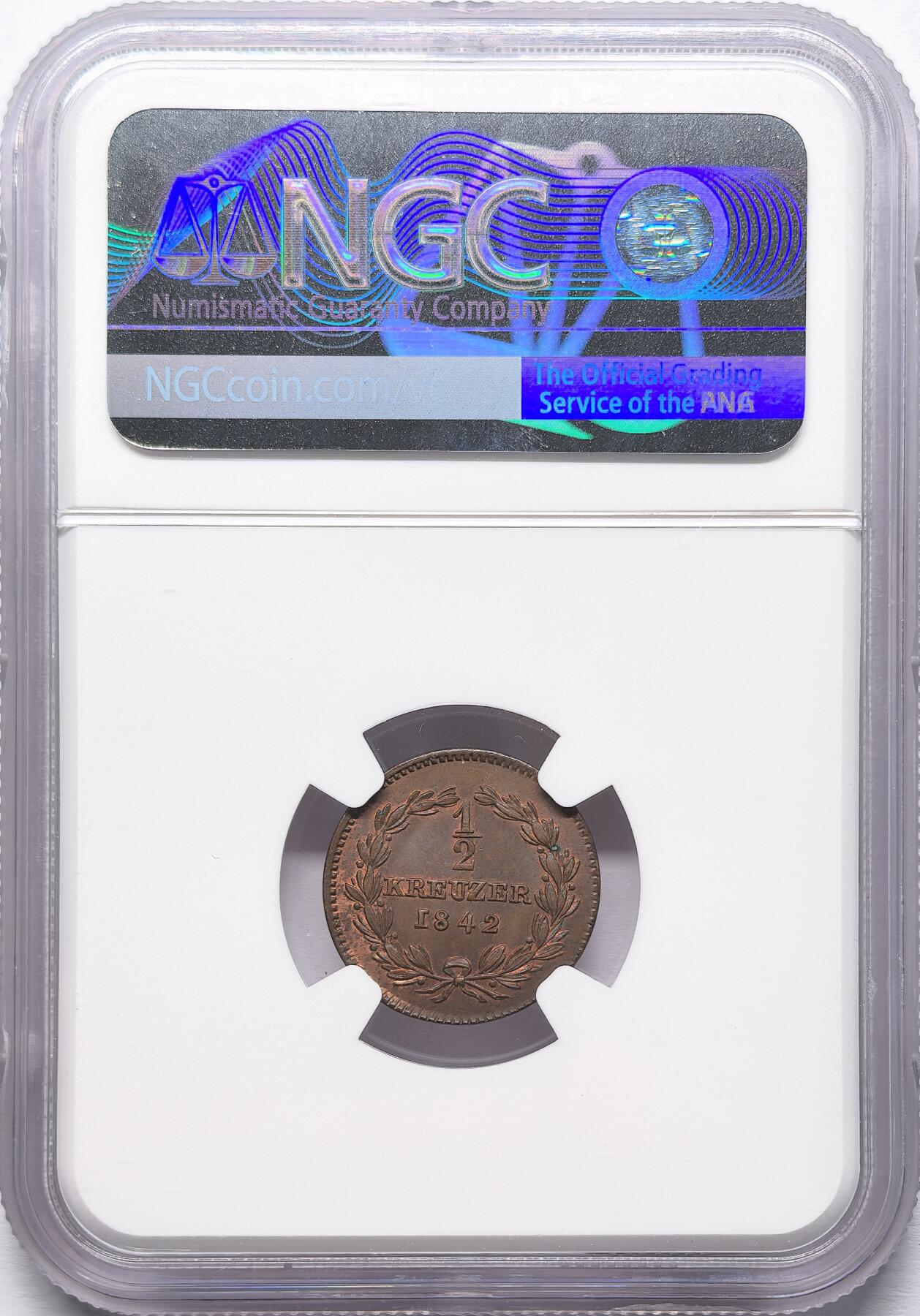 凡希社世界钱币微拍第二百八十六期 1842德国巴登1/2K铜币NGC-MS64