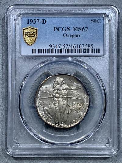《竞宝斋》第319场 周日，周一，周二  3场连拍 （全场包邮） - PCGS MS67 俄勒冈1937年50美分银币 正面印第安人 背面大篷车设计 非常经典 超高分+环彩 半美元中到顶收藏