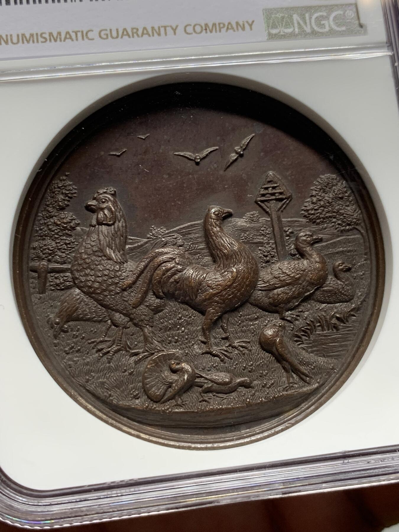 《竞宝斋》第319场 周日，周一，周二  3场连拍 （全场包邮） NGC MS63BN 英国家禽俱乐部农业大铜章 超高浮雕 羽毛犀利 加厚盒