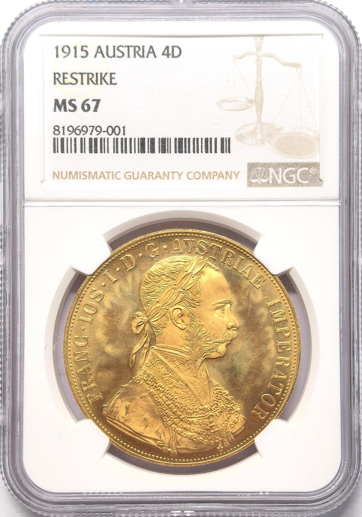 凡希社世界钱币微拍第二百八十六期 1915奥地利4杜卡特贸易金币NGC-MS67，实际铸造于1920-1936年间，主要用于对外贸易和银行储备金，13.96g，986金。