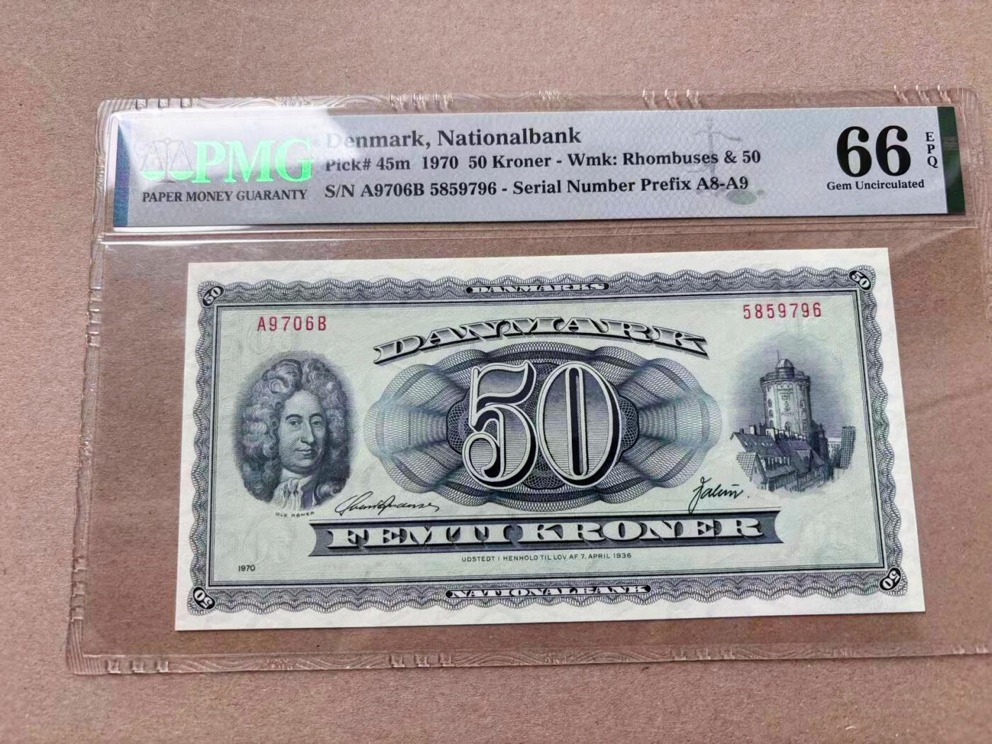 【Blue Auction】✨世界纸币精拍第563期【精】 【p45m】丹麦 1970年50克朗  PMG66EPQ 