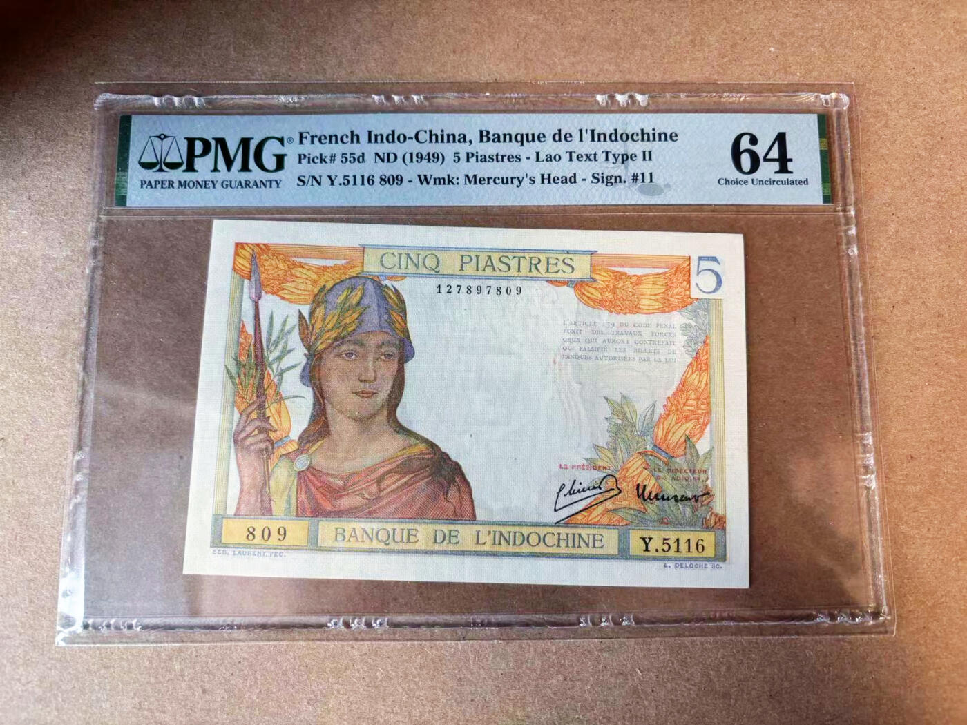 【Blue Auction】✨世界纸币精拍第563期【精】 【809倒置号】法属印支 1949年5皮 PMG64