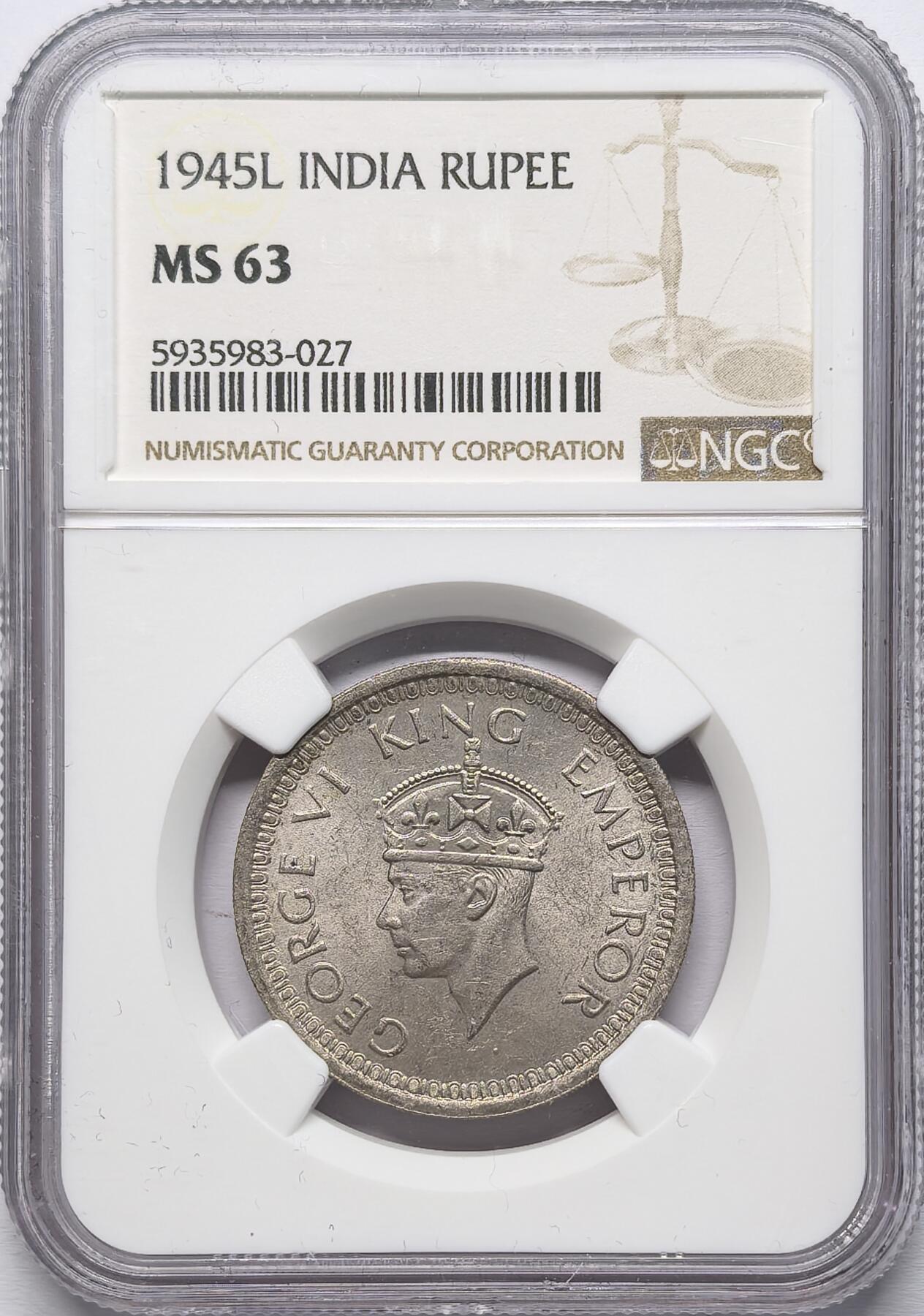 凡希社世界钱币微拍第二百八十六期 1945L英属印度乔六卢比NGC-MS63