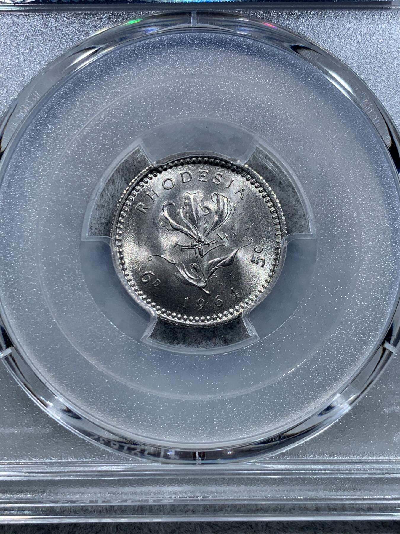 《竞宝斋》第319场 周日，周一，周二  3场连拍 （全场包邮） PCGS MS65 亚军分！1964 罗德西亚 6便士=5分 著名的双面值币 这个品种普遍划伤很多 而这枚两面爆光 可遇不可求