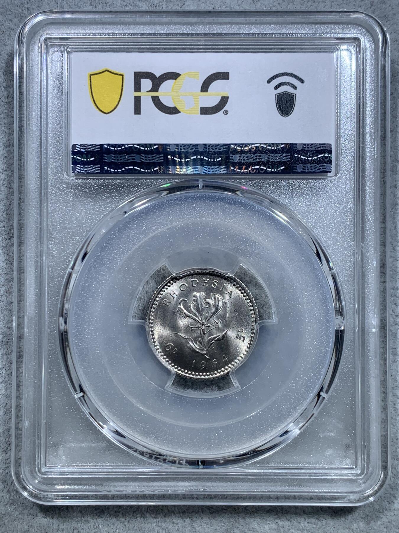《竞宝斋》第319场 周日，周一，周二  3场连拍 （全场包邮） PCGS MS65 亚军分！1964 罗德西亚 6便士=5分 著名的双面值币 这个品种普遍划伤很多 而这枚两面爆光 可遇不可求