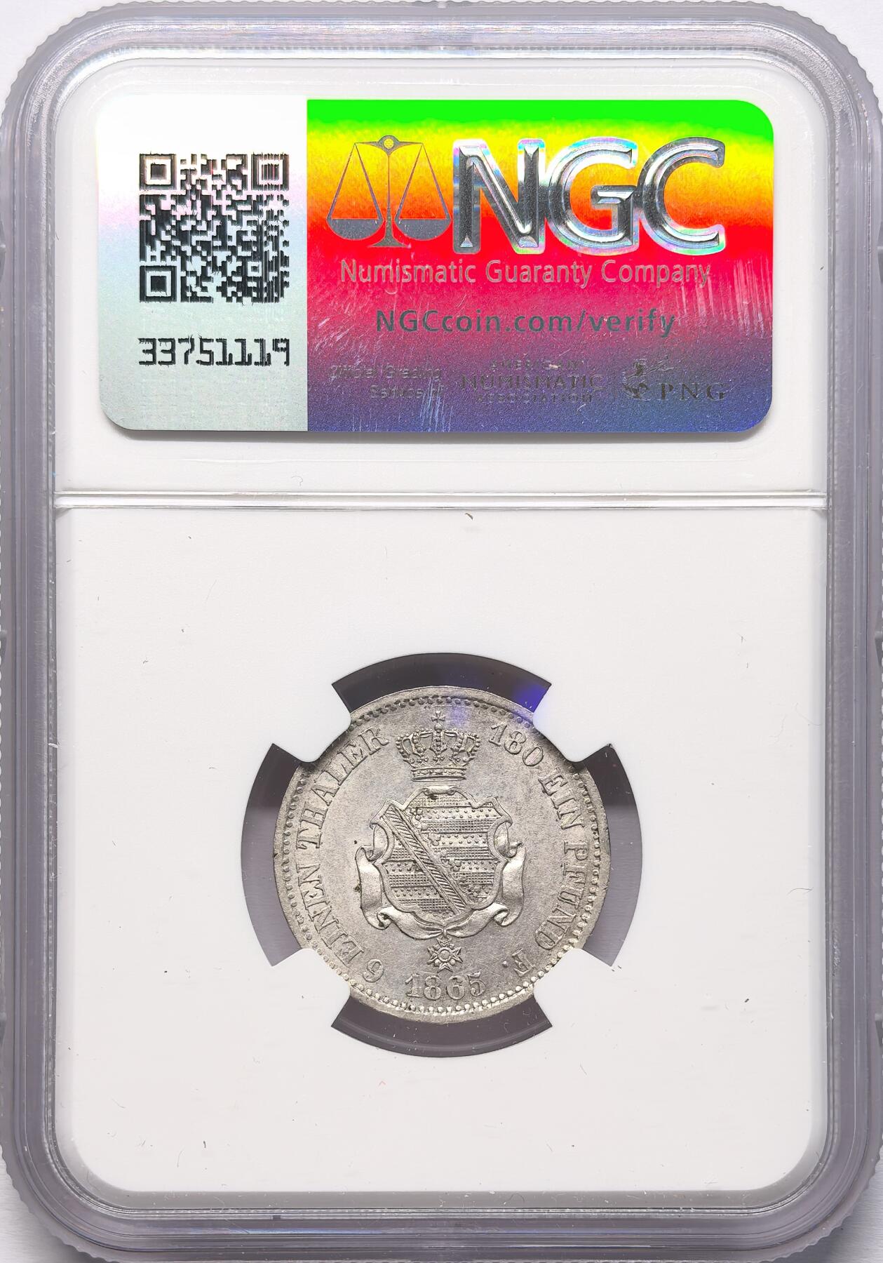 凡希社世界钱币微拍第二百八十六期 1865德国萨克斯1/6泰勒银币NGC-MS62
