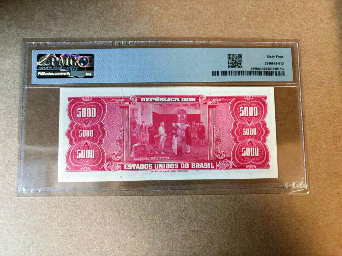 【Blue Auction】✨世界纸币精拍第563期【精】 巴西 1966-67年5克鲁塞罗加盖 PMG64 