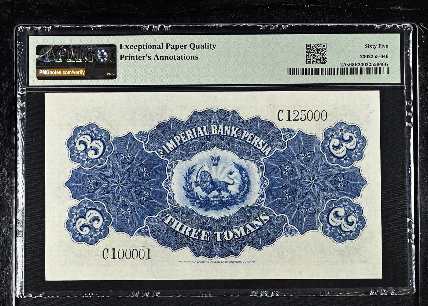 【Blue Auction】✨世界纸币精拍第563期【精】 【珍品 仅1张更高分p2As第一套样钞 带签名 无大孔和红字】波斯帝国 罕见的标了1900年日期 少见3Tomans(当时与金币币值挂钩）视觉效果震撼 小花的底纹设计精美 让人悦目 BWC出品雕刻精美 狮子拿大刀 国王纳赛尔丁·沙 是恺加王朝在位时间最长的君主 实钞存世都是烂品居多影响欣赏 该面值样钞能达到PMG65EPQ如此绝的品相也是凤毛麟角 非常值得收藏的一张 历史价值很高