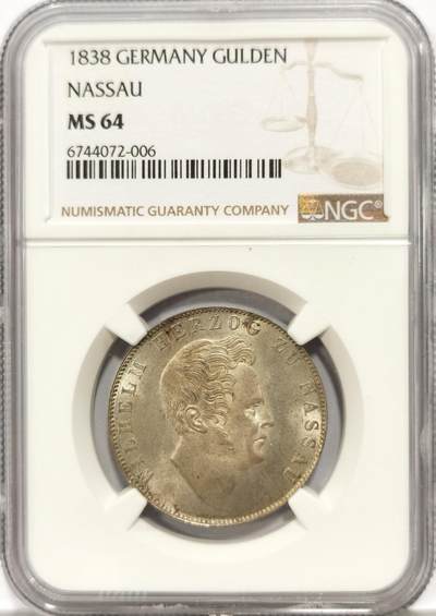 博洋堂世界钱币拍卖第096期（全场包邮） - NGC MS64 德国拿骚1838年1古尔登银币，少见品种，只发行了2年，NGC冠军分！