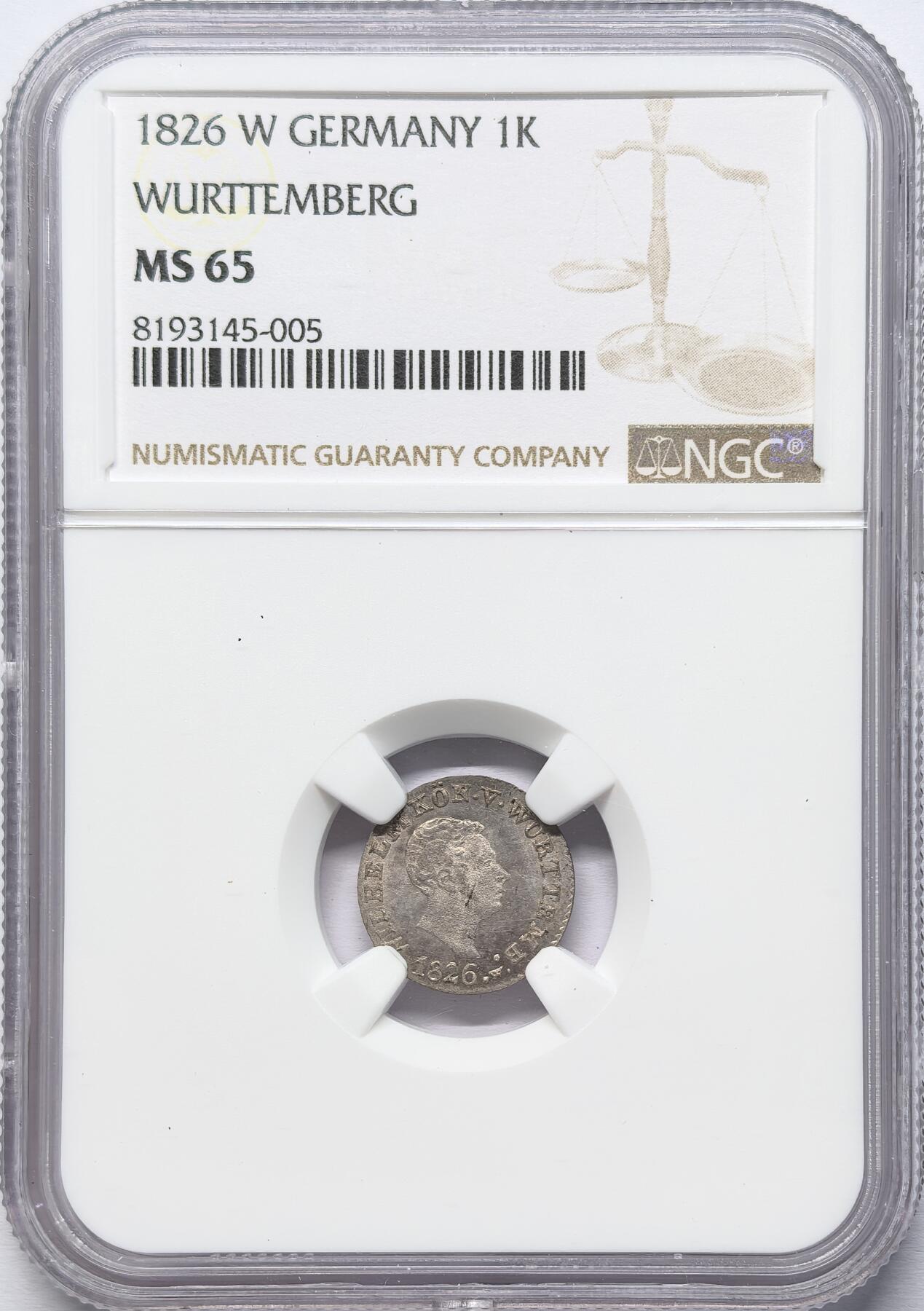 凡希社世界钱币微拍第二百八十六期 1826德国符腾堡克鲁泽银币NGC-MS65高分！