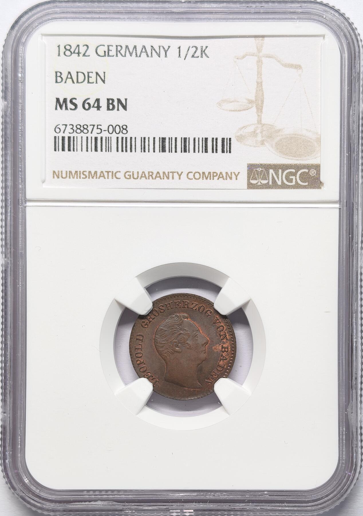 凡希社世界钱币微拍第二百八十六期 1842德国巴登1/2K铜币NGC-MS64