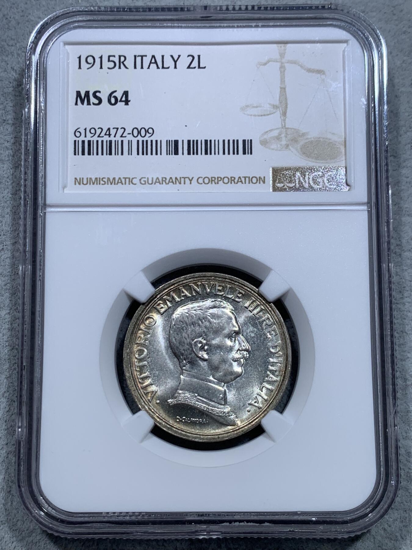 《竞宝斋》第319场 周日，周一，周二  3场连拍 （全场包邮） NGC MS64 意大利1915年马车2里拉 经典品种 漂亮设计 小环彩 币面强光