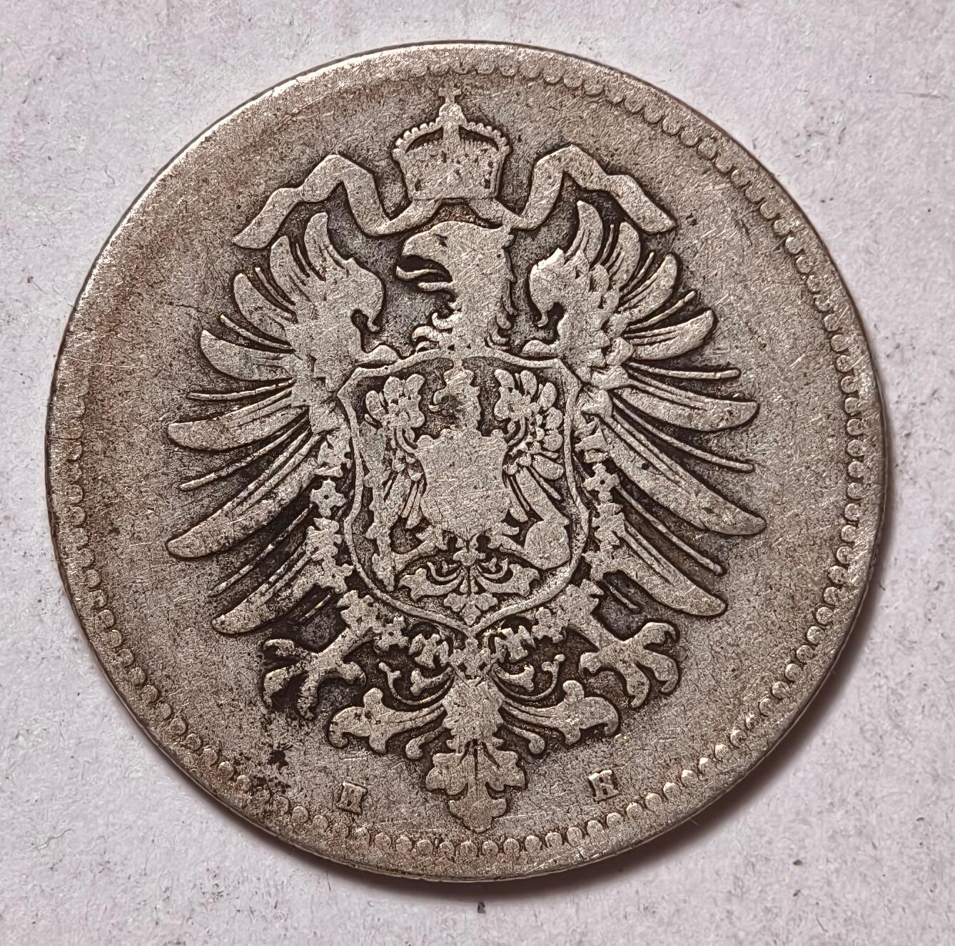 紫瑗钱币——第478期 德国 1875年 H版 第二帝国 短翅 1马克 5.5克 0.9银