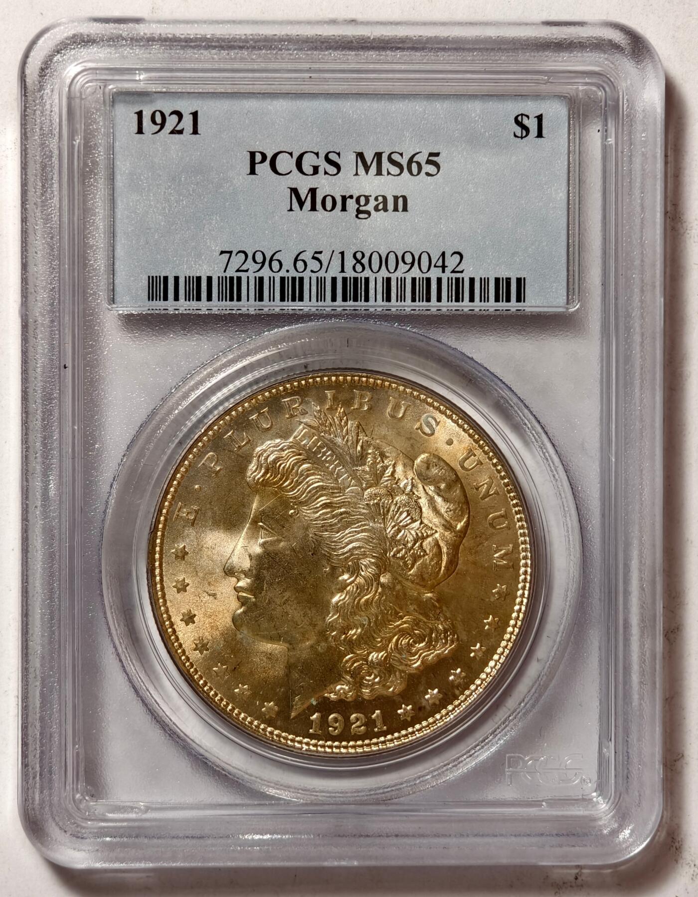 紫瑗钱币——第456期 美国 1921年 摩根 大头妹1美元 银币 PCGS MS65 老盒