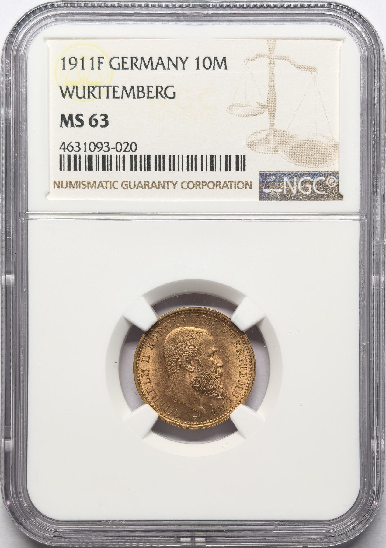 凡希社世界钱币微拍第二百八十六期 1911F德国符腾堡10马克金币NGC-MS63，3.982g，900金。