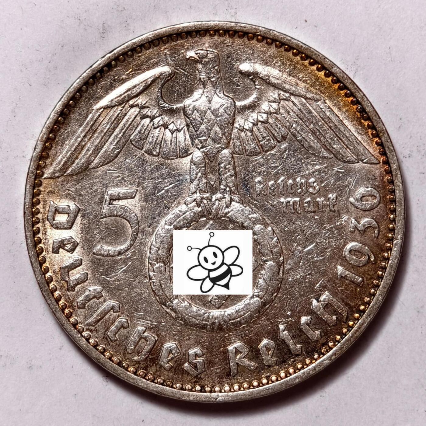 紫瑗钱币——第456期 德国 1936年 J版 兴登堡 字符 5马克 13.9克 0.9银