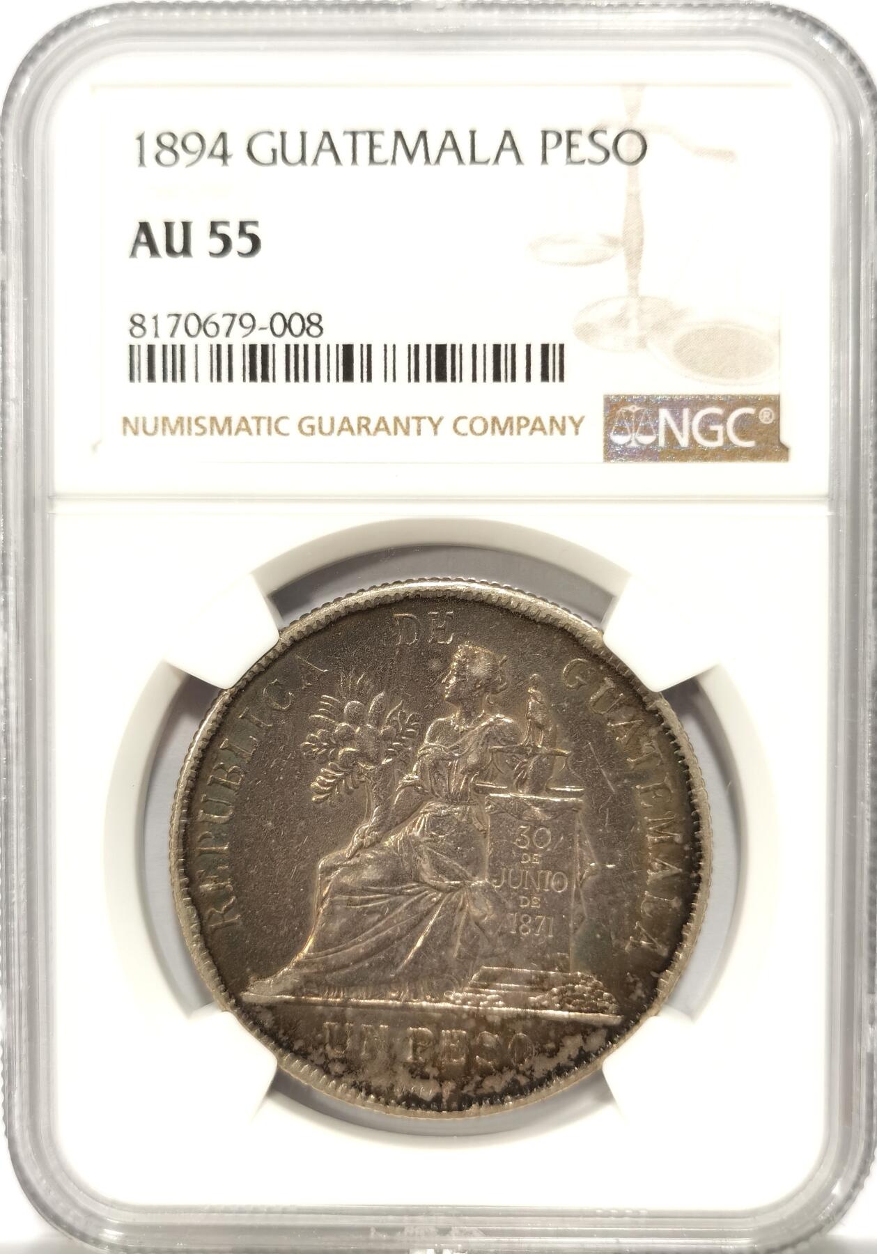 博洋堂世界钱币拍卖第096期（全场包邮） NGC AU55 危地马拉1894年坐人女神1比索银币，极美原味包浆，拉丁美洲热门品种