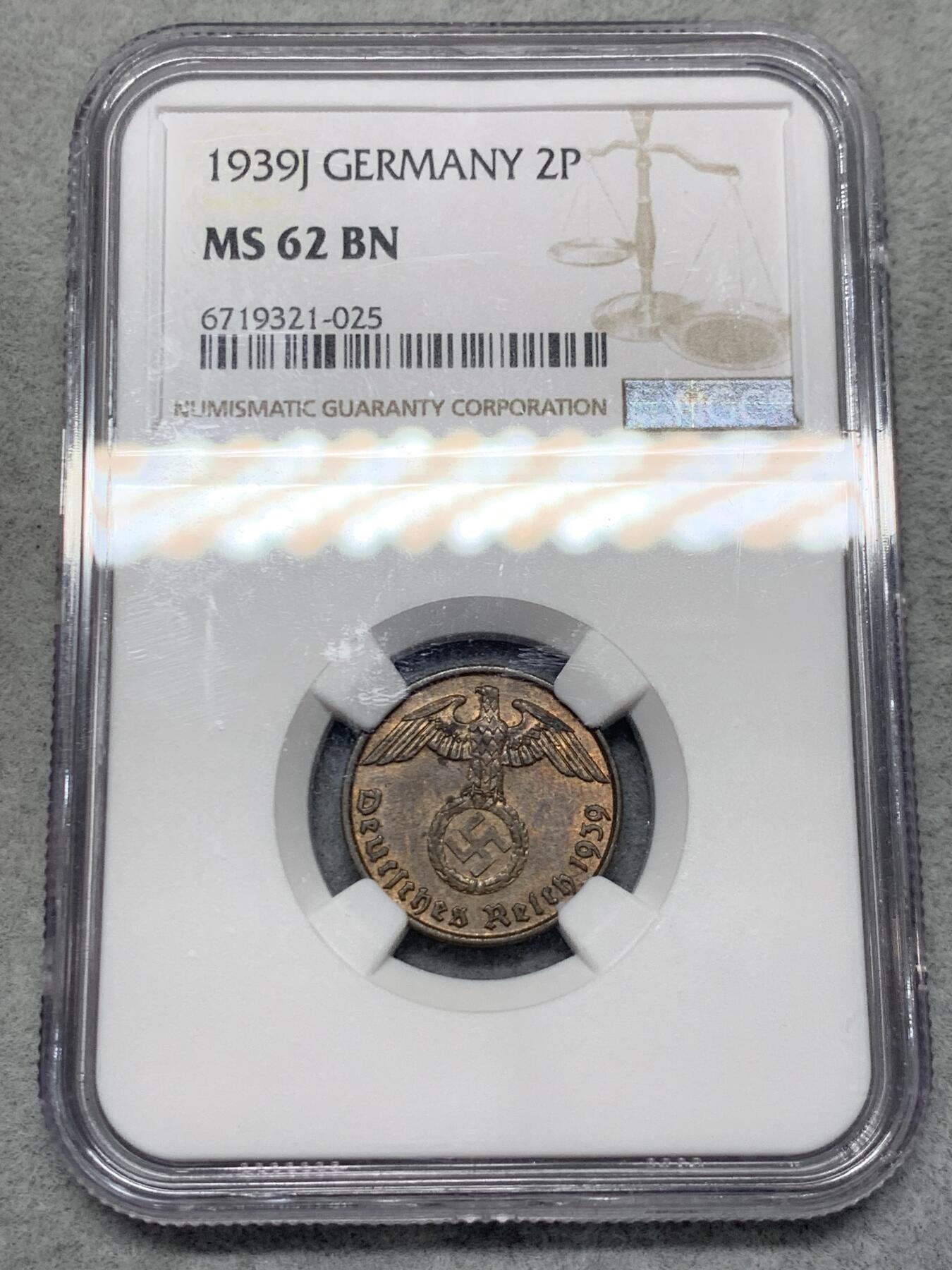 《竞宝斋》第319场 周日，周一，周二  3场连拍 （全场包邮） NGC MS62BN 1939年J版德意志第三帝国2芬尼铜币 少见厂别